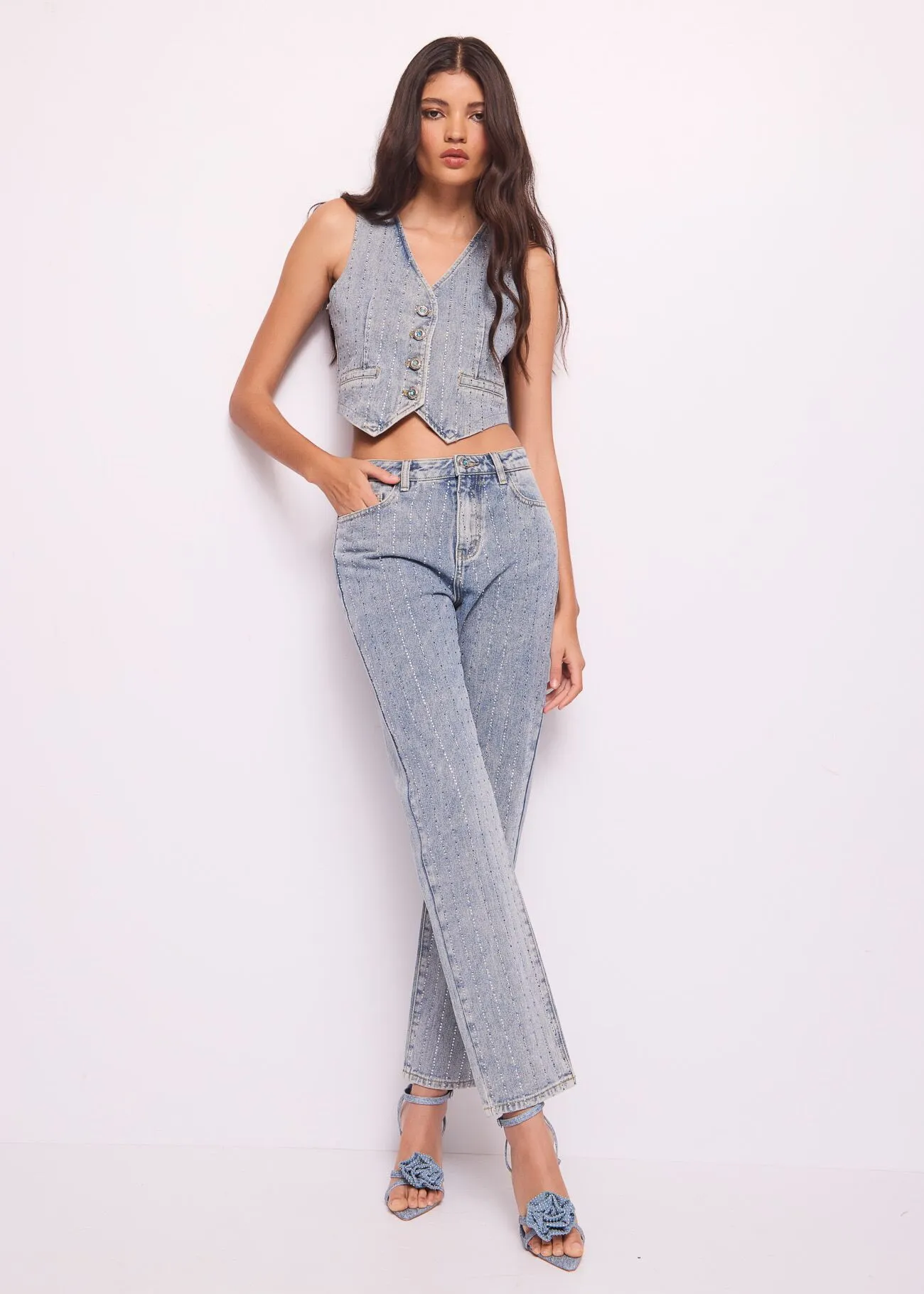 Gilet in denim con strass
