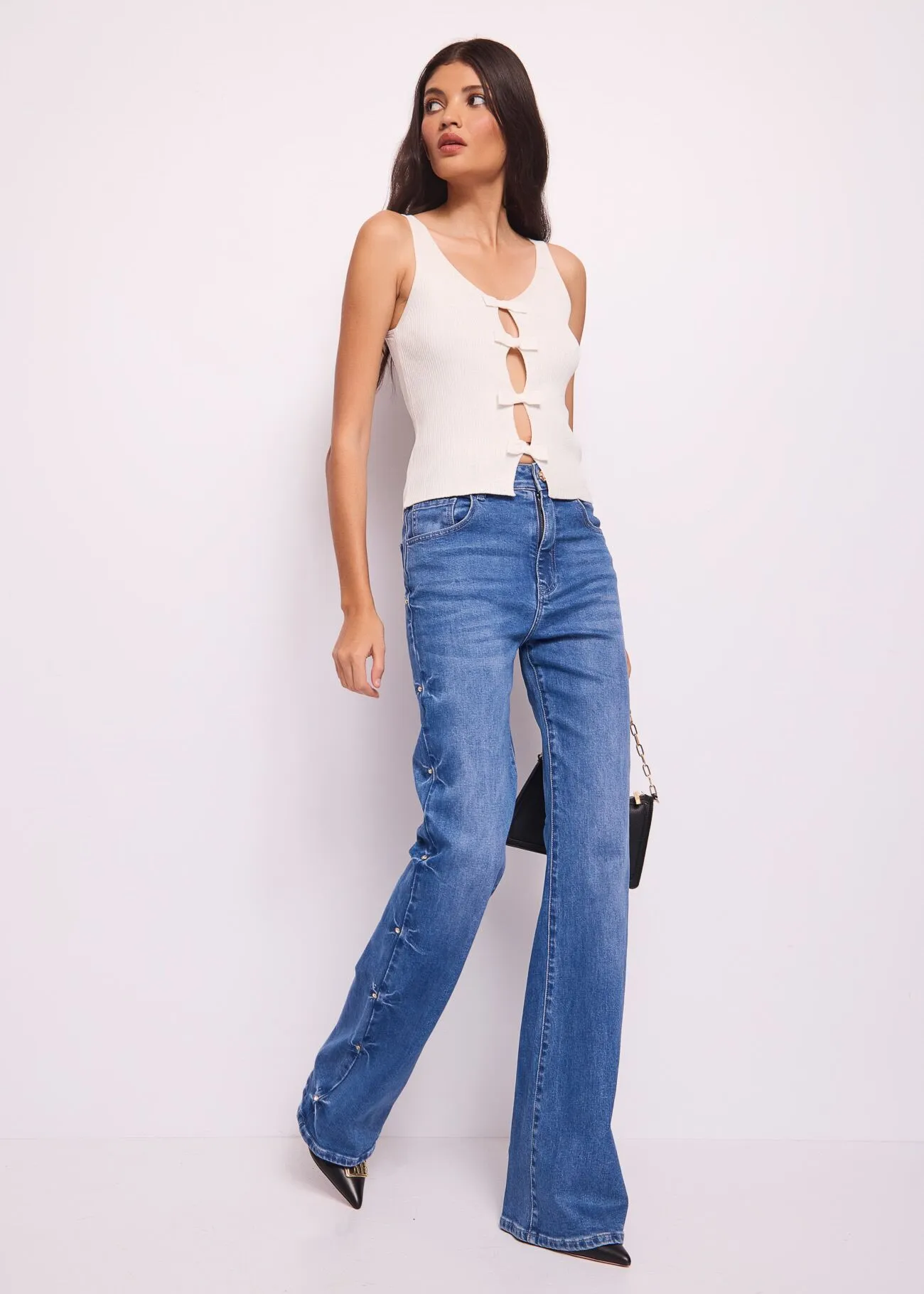 Jeans flare in cotone con strass