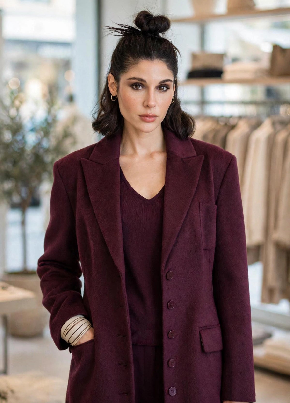 CAPPOTTO LUNGO IN MISTO LANA COLOR VINO ROSSO A CLESSIDRA