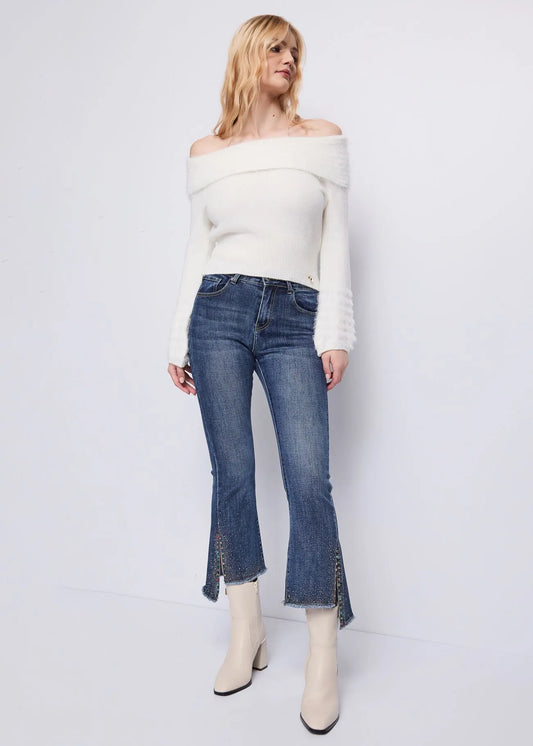 Jeans a zampa in cotone con strass