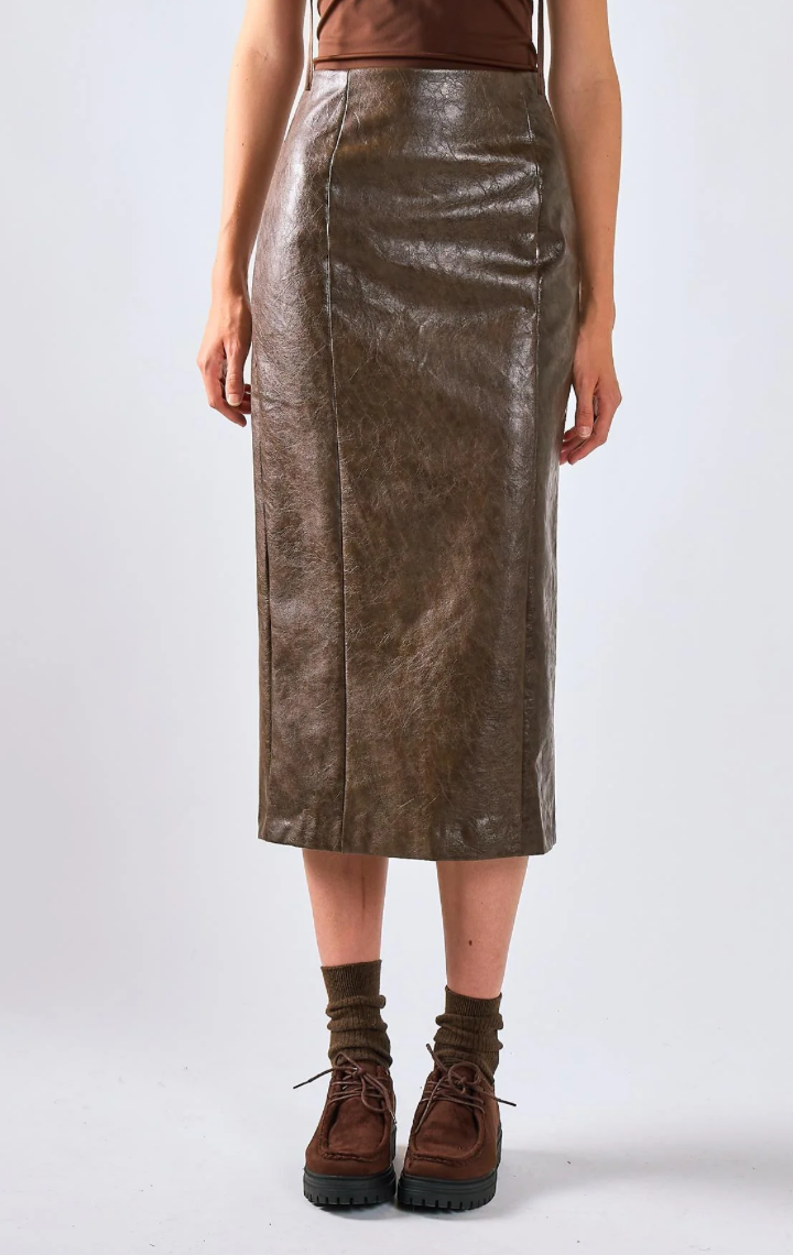 Gonna Midi Aderente In Similpelle Marrone - Glamorous