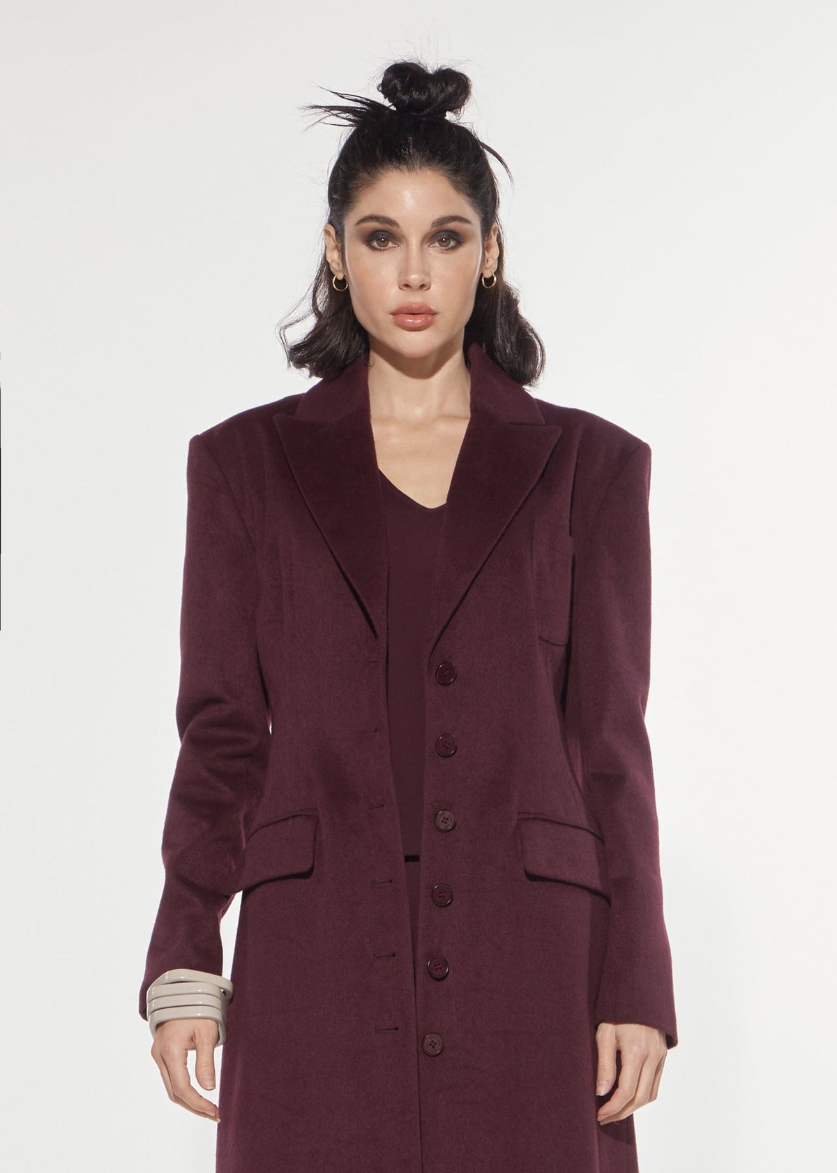 CAPPOTTO LUNGO IN MISTO LANA COLOR VINO ROSSO A CLESSIDRA