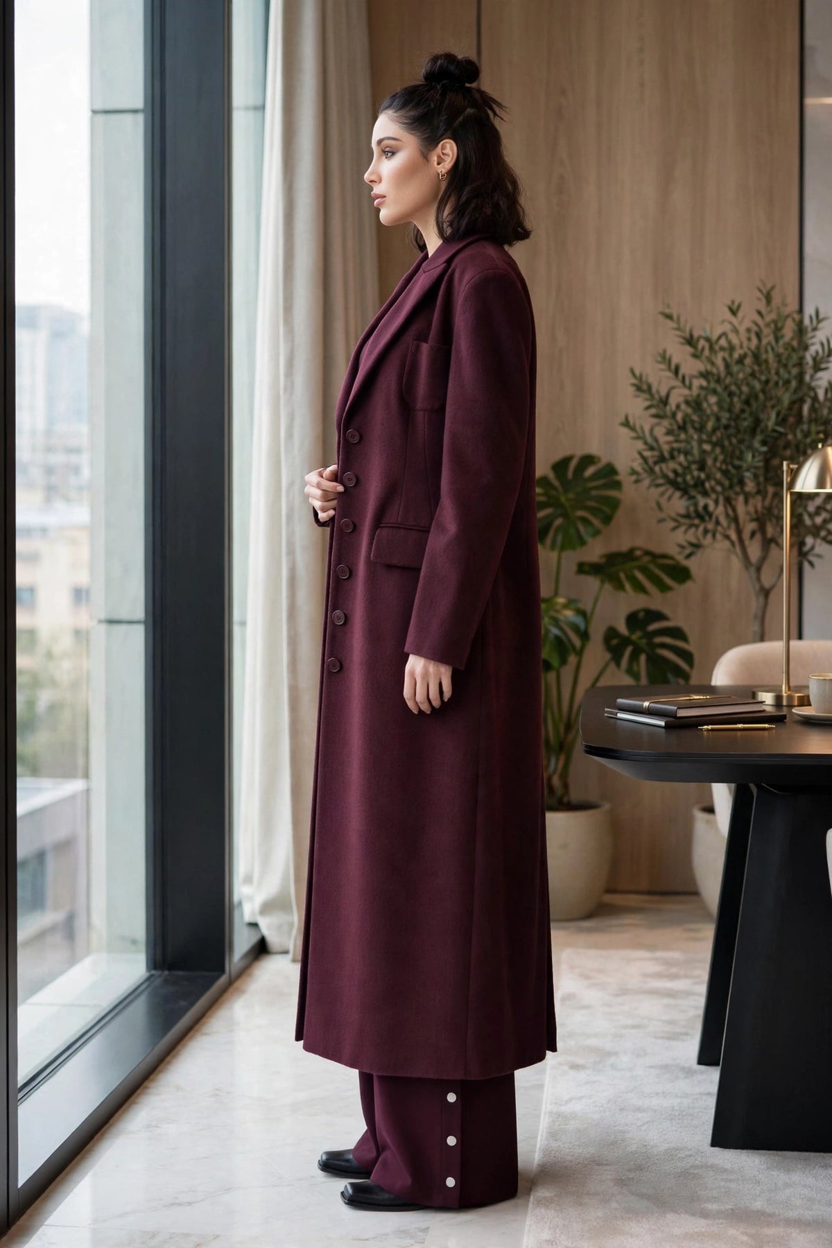 CAPPOTTO LUNGO IN MISTO LANA COLOR VINO ROSSO A CLESSIDRA