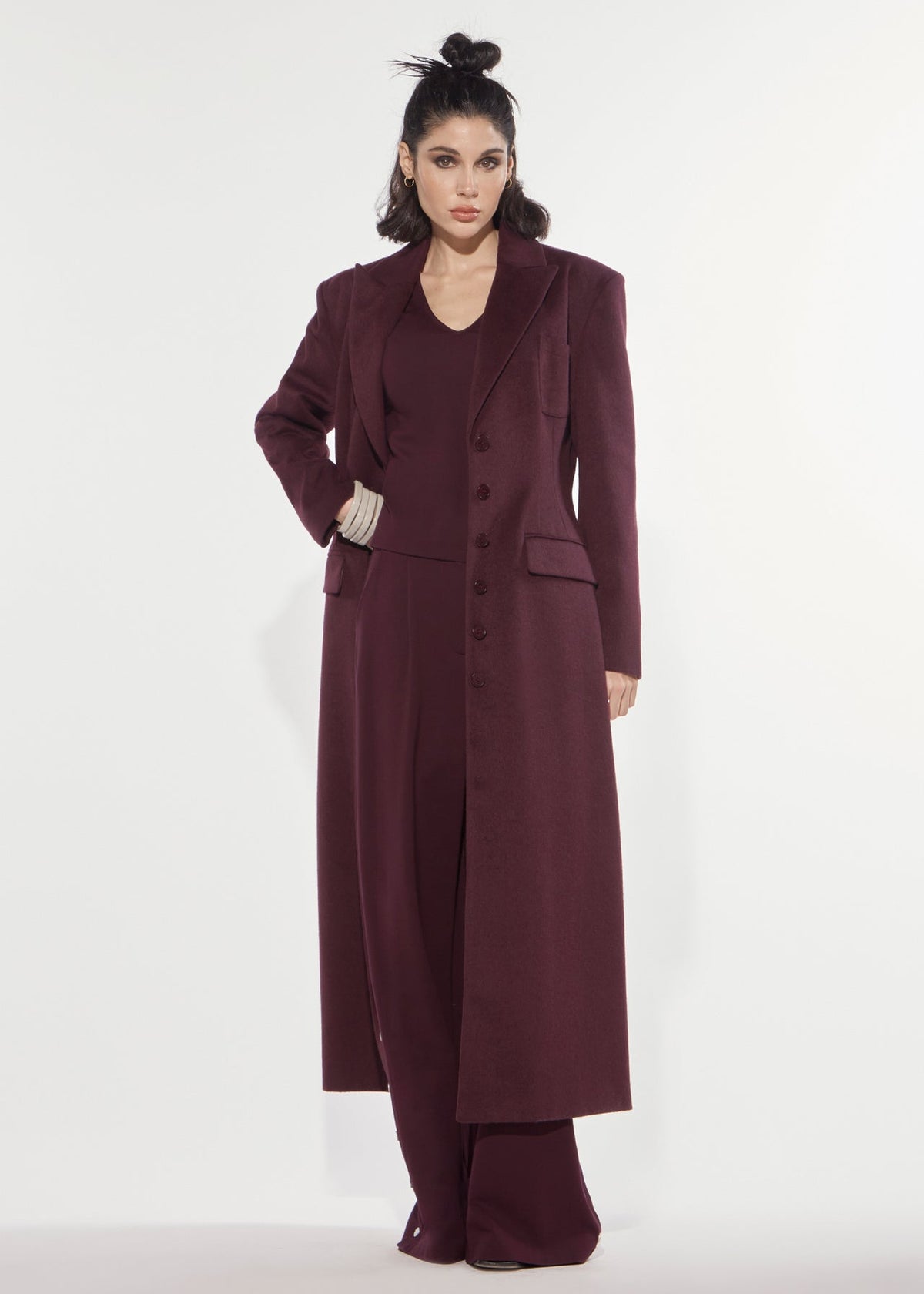 CAPPOTTO LUNGO IN MISTO LANA COLOR VINO ROSSO A CLESSIDRA