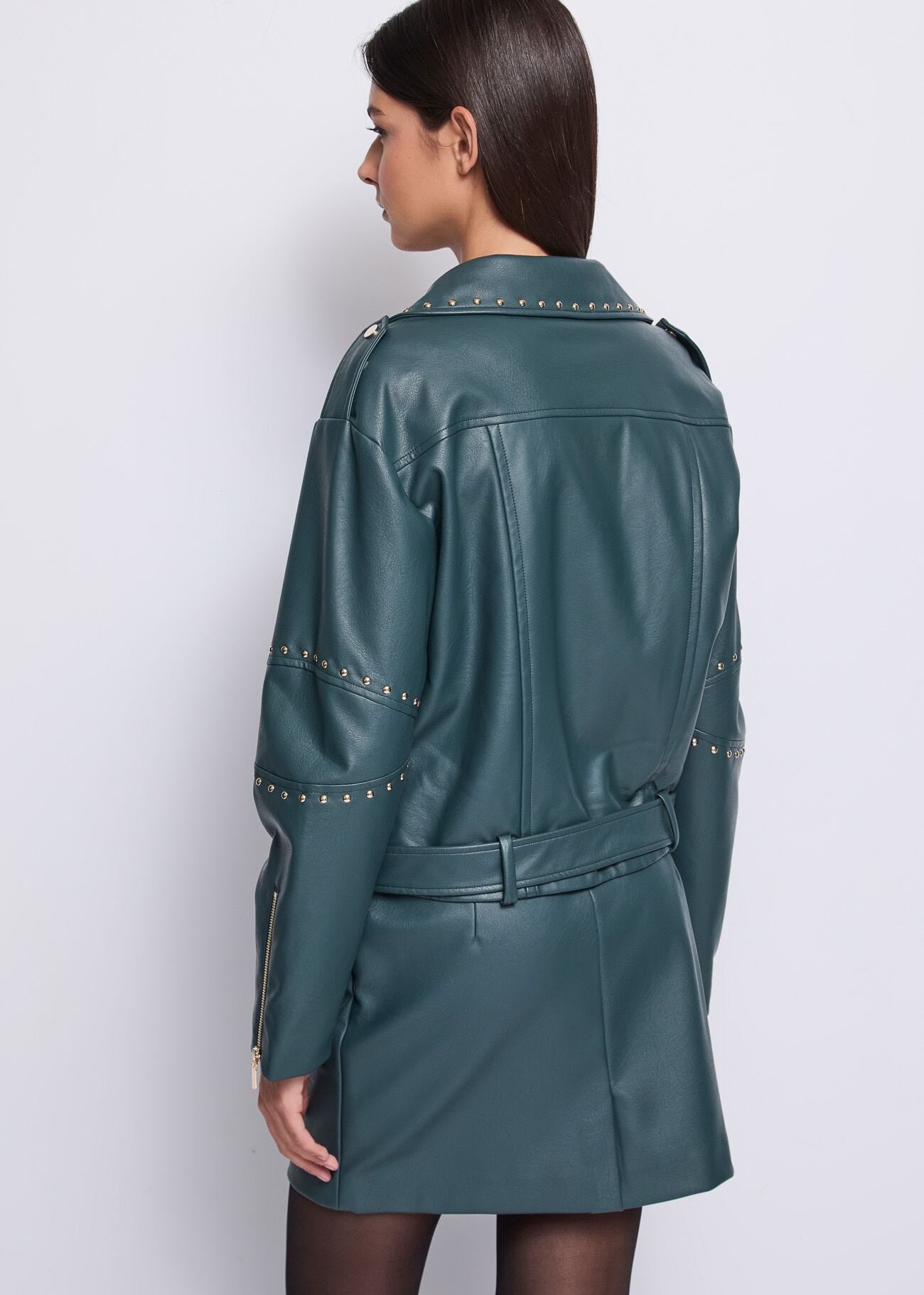 Chiodo biker verde in similpelle