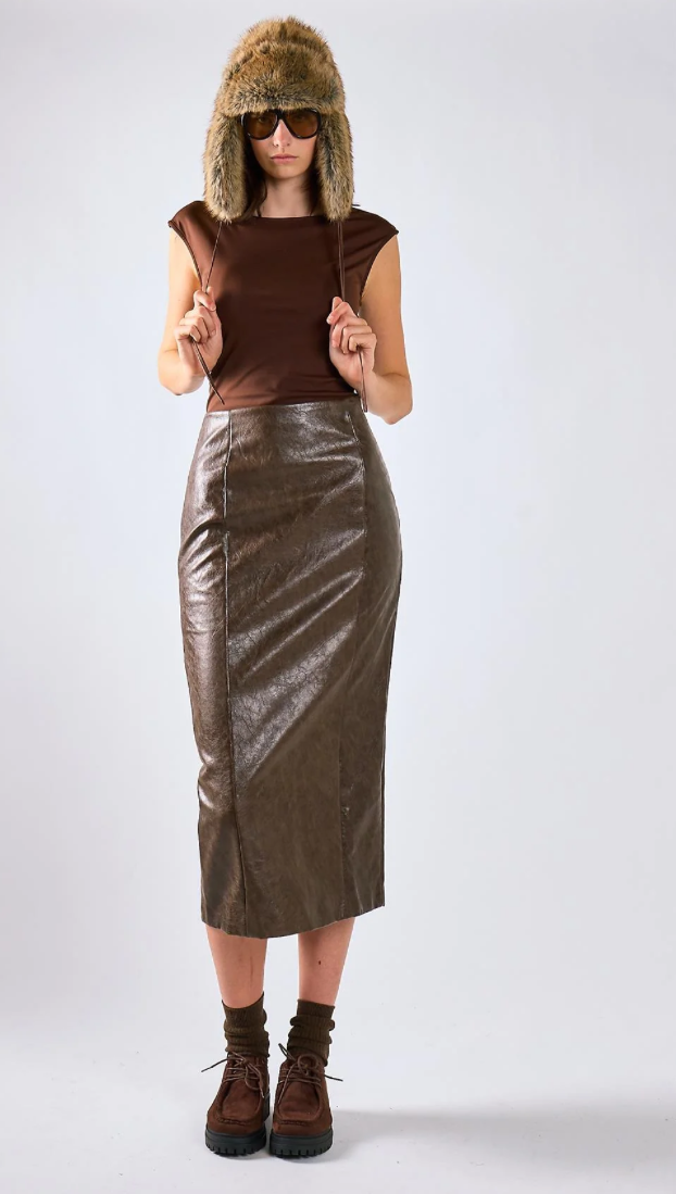 Gonna Midi Aderente In Similpelle Marrone - Glamorous