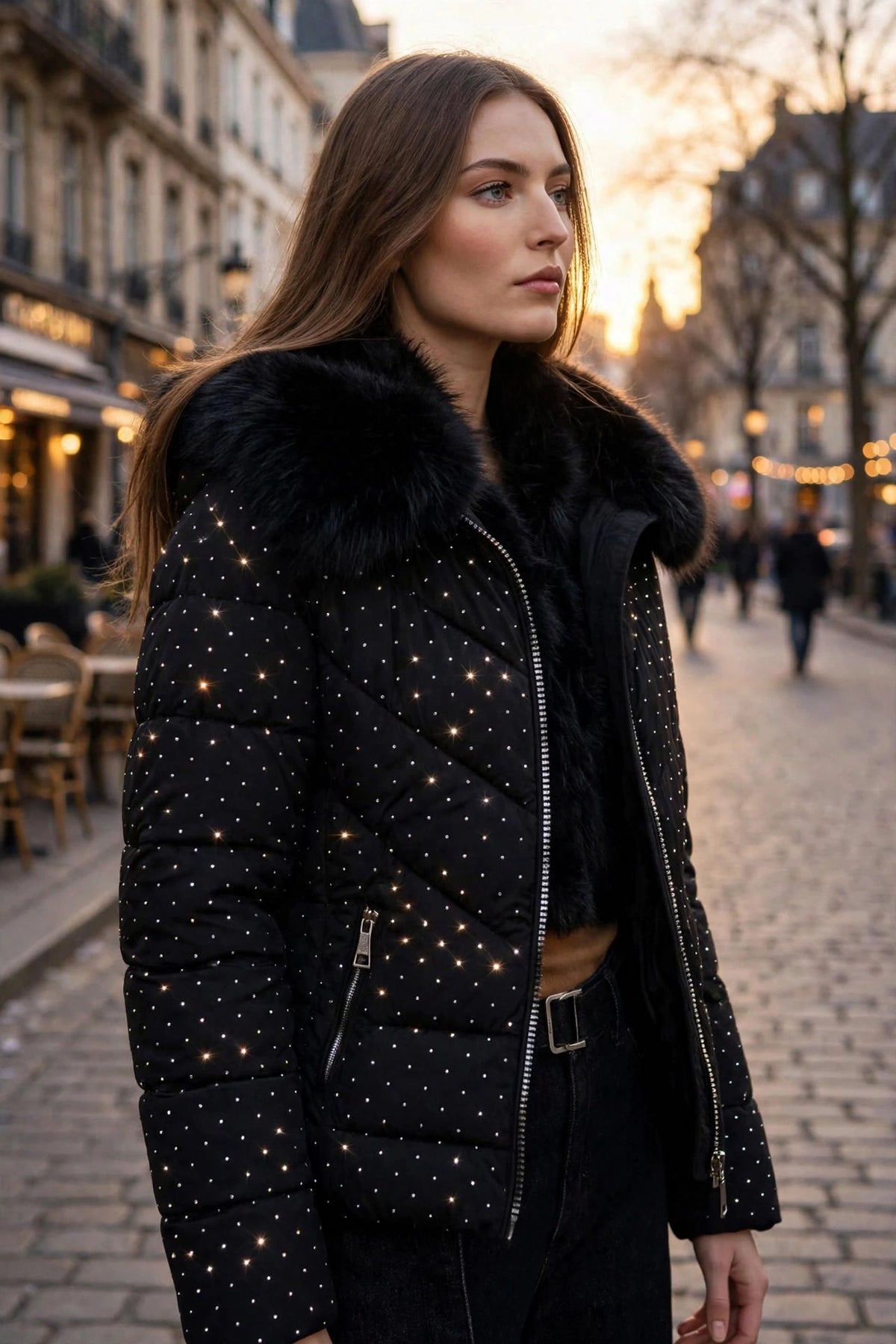 PIUMINO NERO STRASS CON CAPPUCCIO ECOFUR