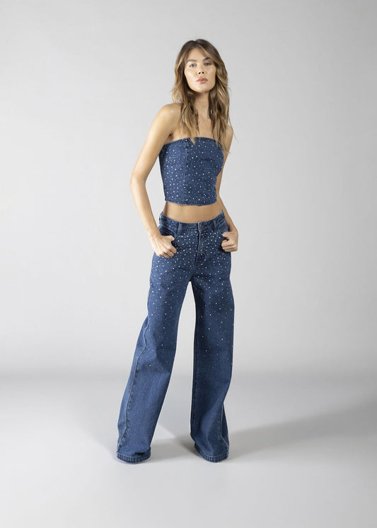TOP IN DENIM A FASCIA STRASS