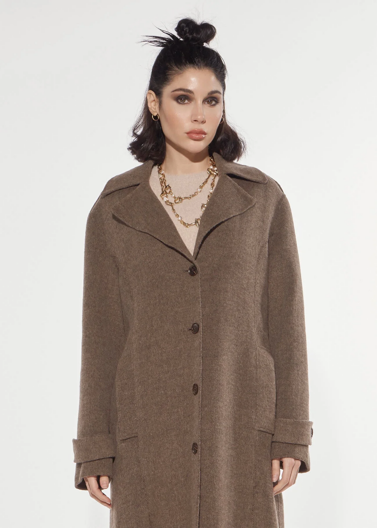 CAPPOTTO LUNGO IN TESSUTO SPINATO RICAMO ROSE TAUPE