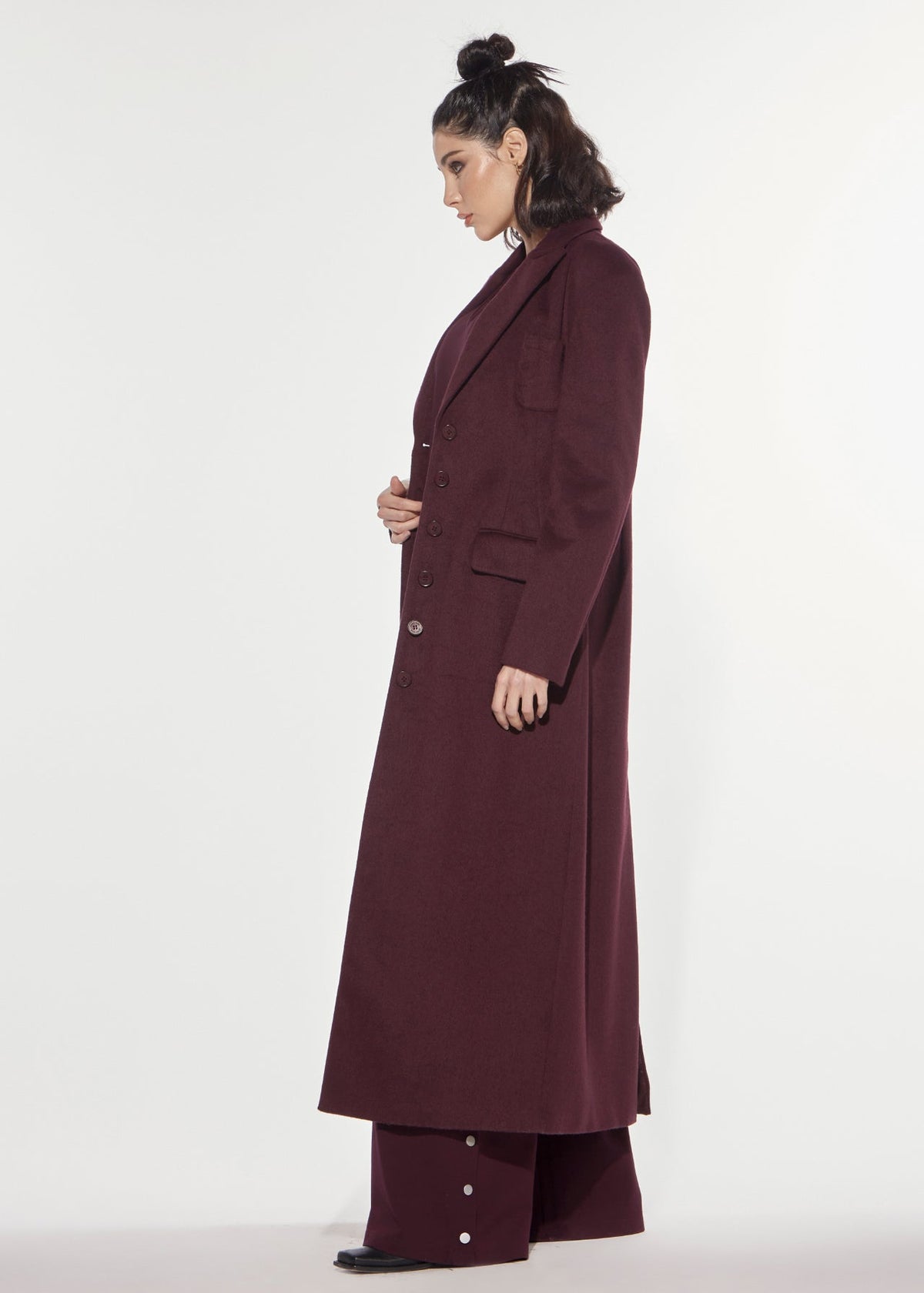 CAPPOTTO LUNGO IN MISTO LANA COLOR VINO ROSSO A CLESSIDRA