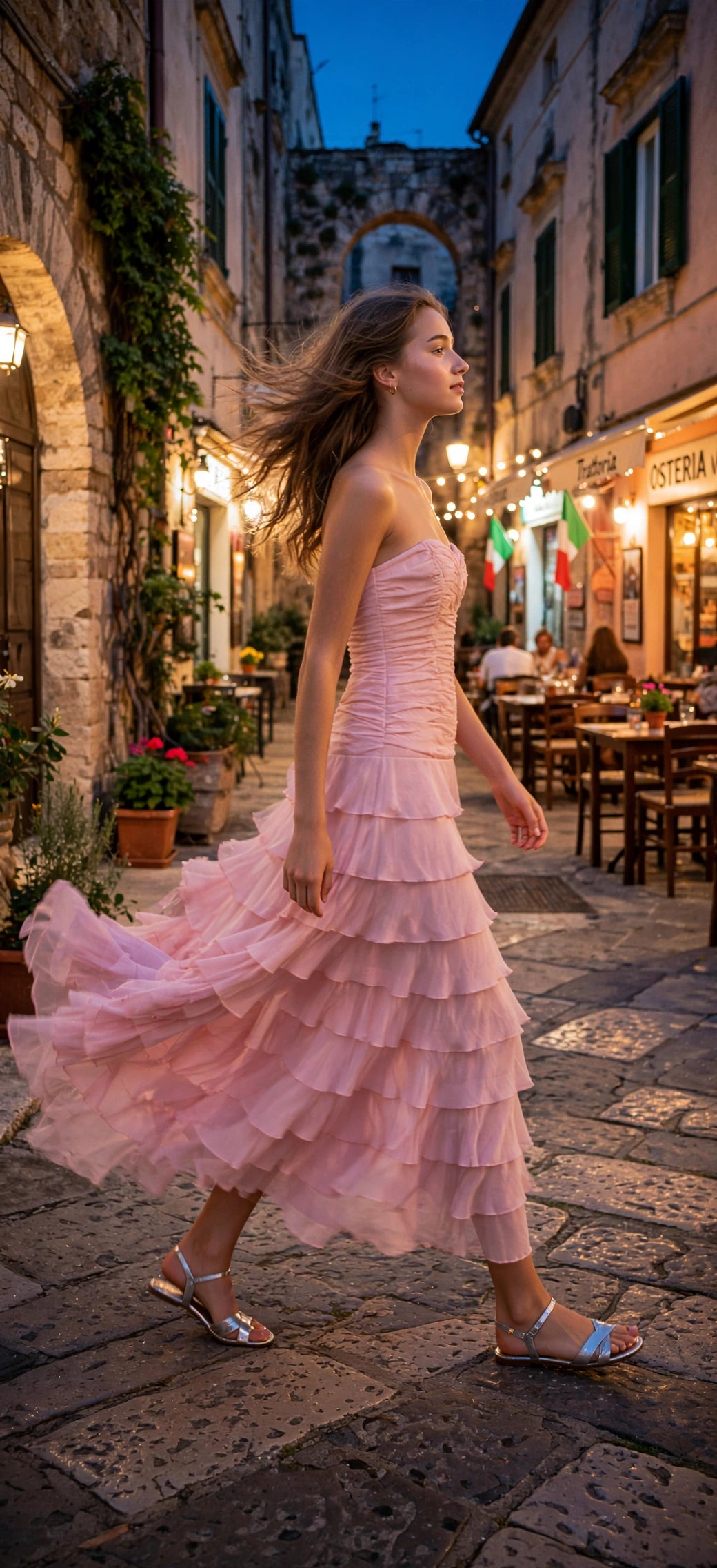 Abito lungo a fascia con volant color rosa cipria