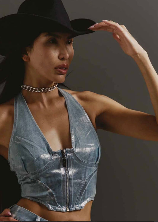 GILET IN DENIM LAMINATO LIGHT BLUE