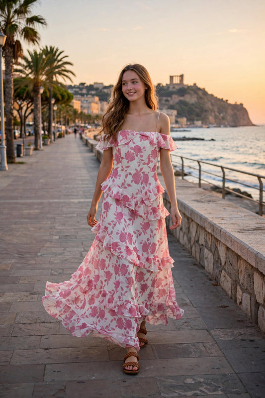 Abito lungo Drew Rose con stampa floreale