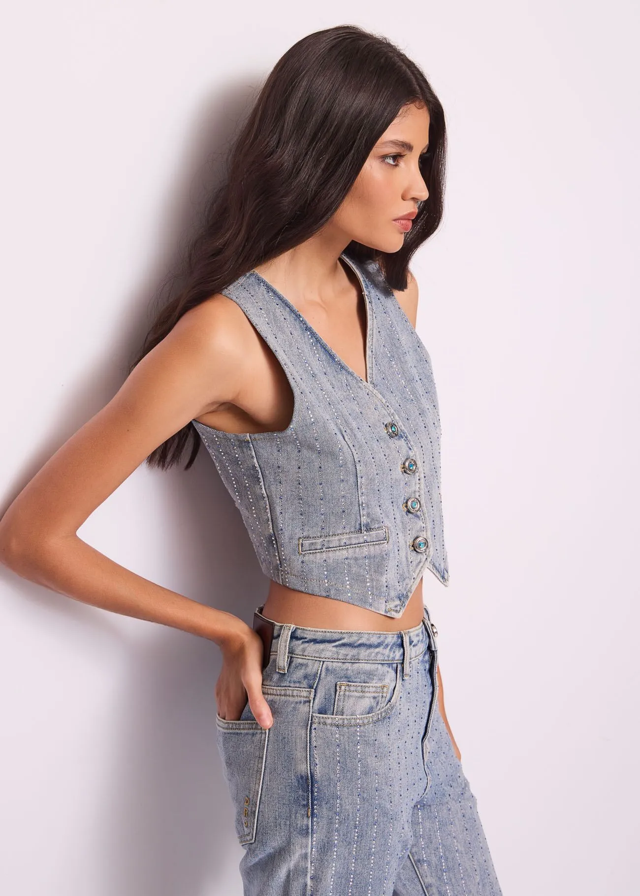 Gilet in denim con strass