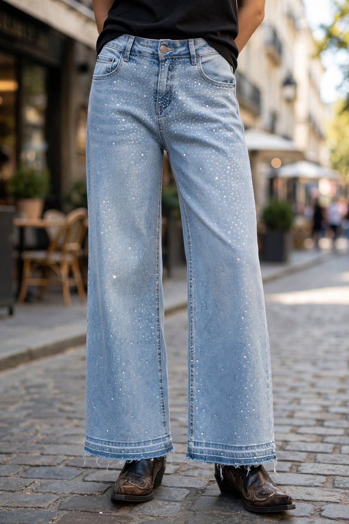 JEANS WIDE LEG STRASS LIGHT BLUE