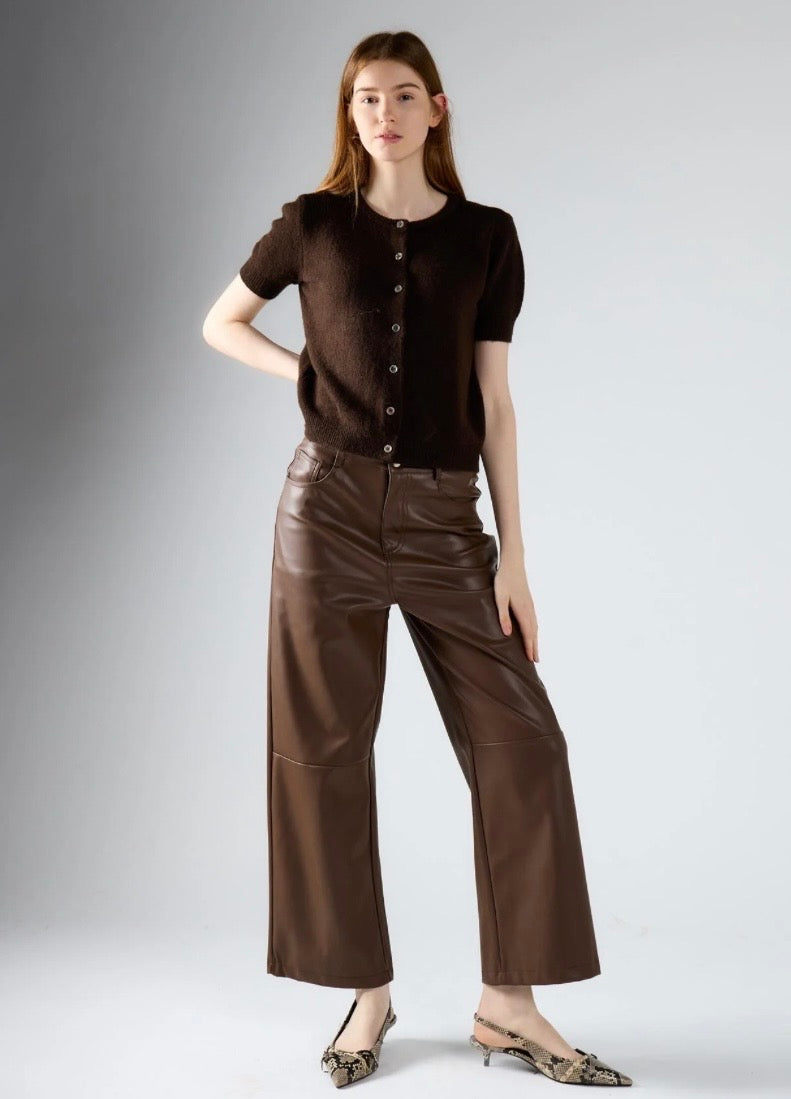 Pantaloni A Gamba Dritta In Similpelle Marrone - Glamorous
