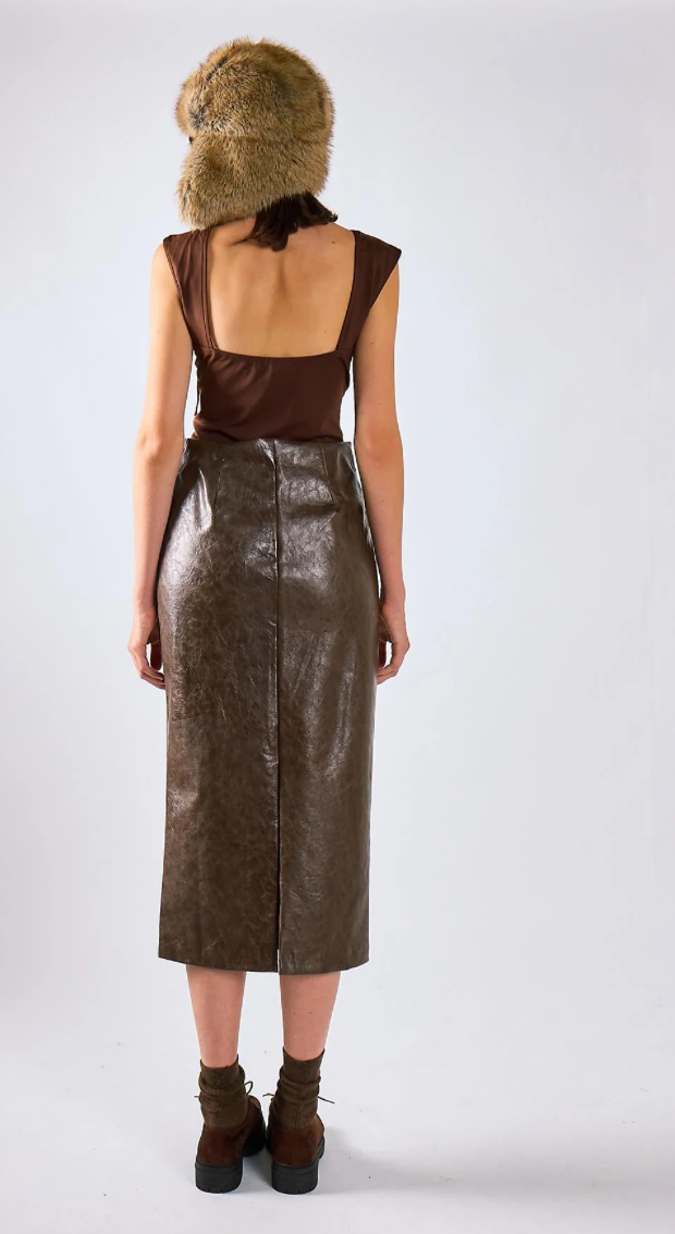 Gonna Midi Aderente In Similpelle Marrone - Glamorous