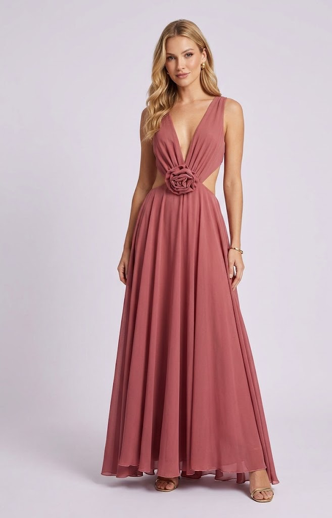 ABITO LUNGO ROSE CON CUT-OUT CANYON ROSE