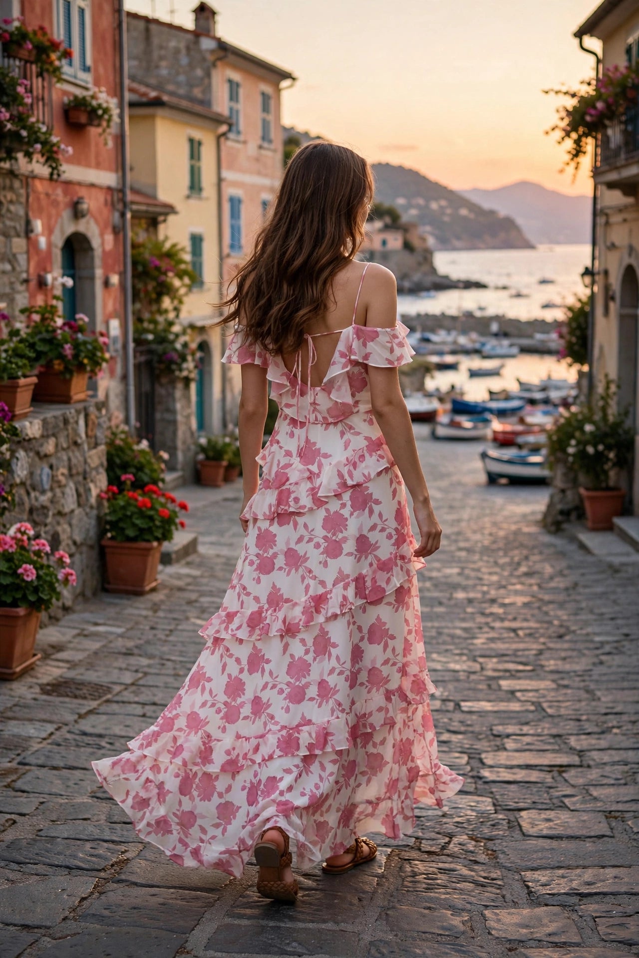 Abito lungo Drew Rose con stampa floreale