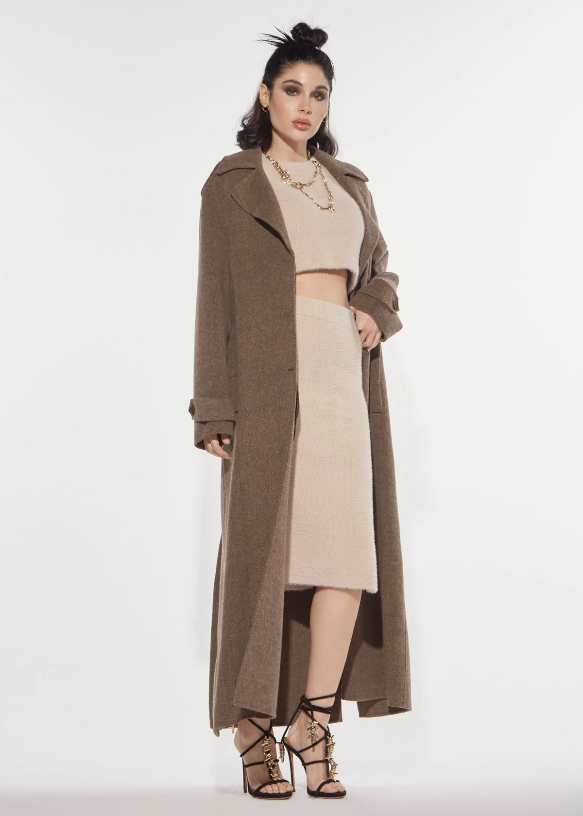 CAPPOTTO LUNGO IN TESSUTO SPINATO RICAMO ROSE TAUPE