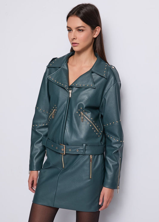 Chiodo biker verde in similpelle