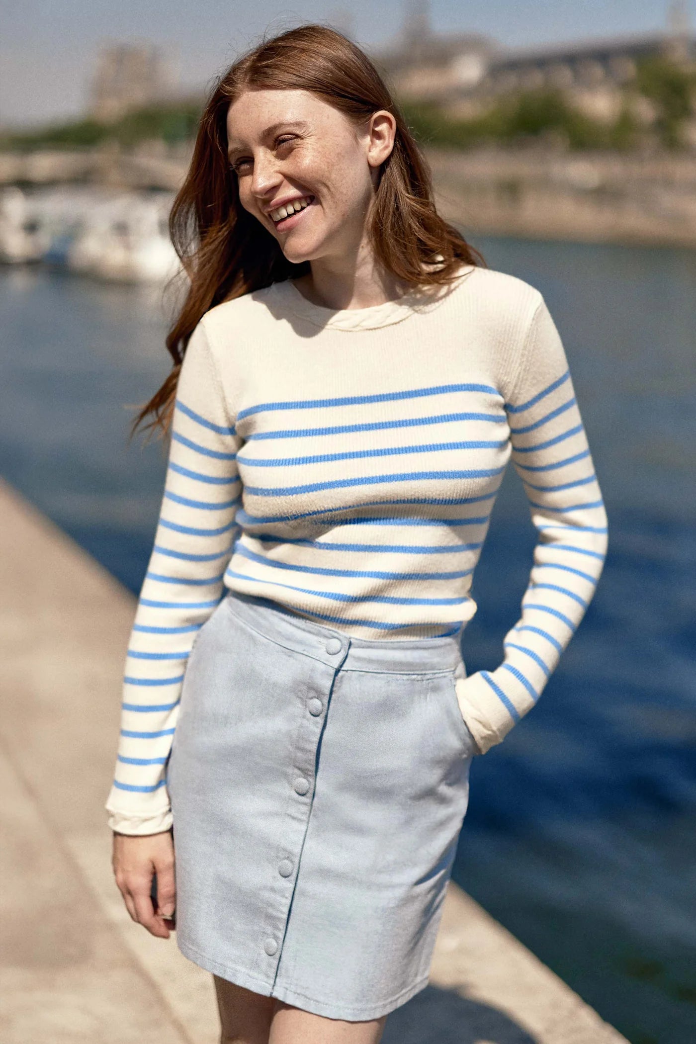 Maglione a righe ecru/celeste a maniche lunghe - Manel